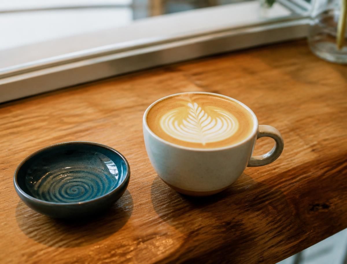 Latte art in a ceramic cup on a cream counter