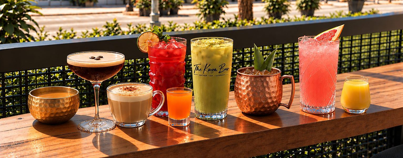 Kava, coffee, mocktails, and fresh fruit lined up along a sunny patio bar rail at The Kava Bar